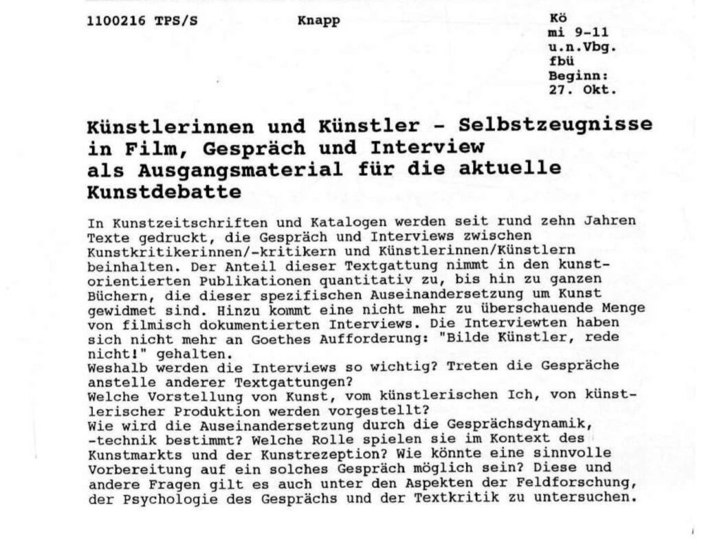 WiSe 83/84 Kuenstler Selbstzeugnisse Film Gespraech Interview Kunstdebatte